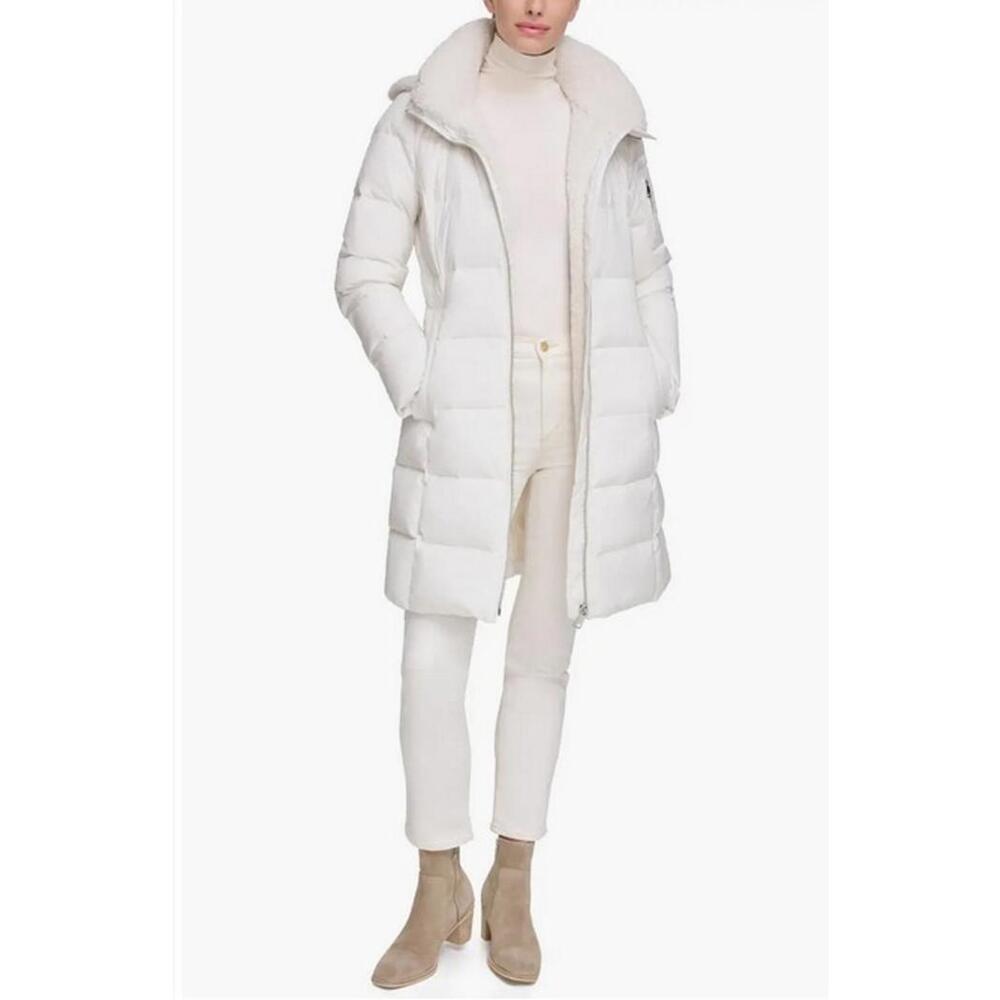 NWT! Calvin Klein Faux Shearling Lined Down Puffer Jacket in Eggshell Size Small